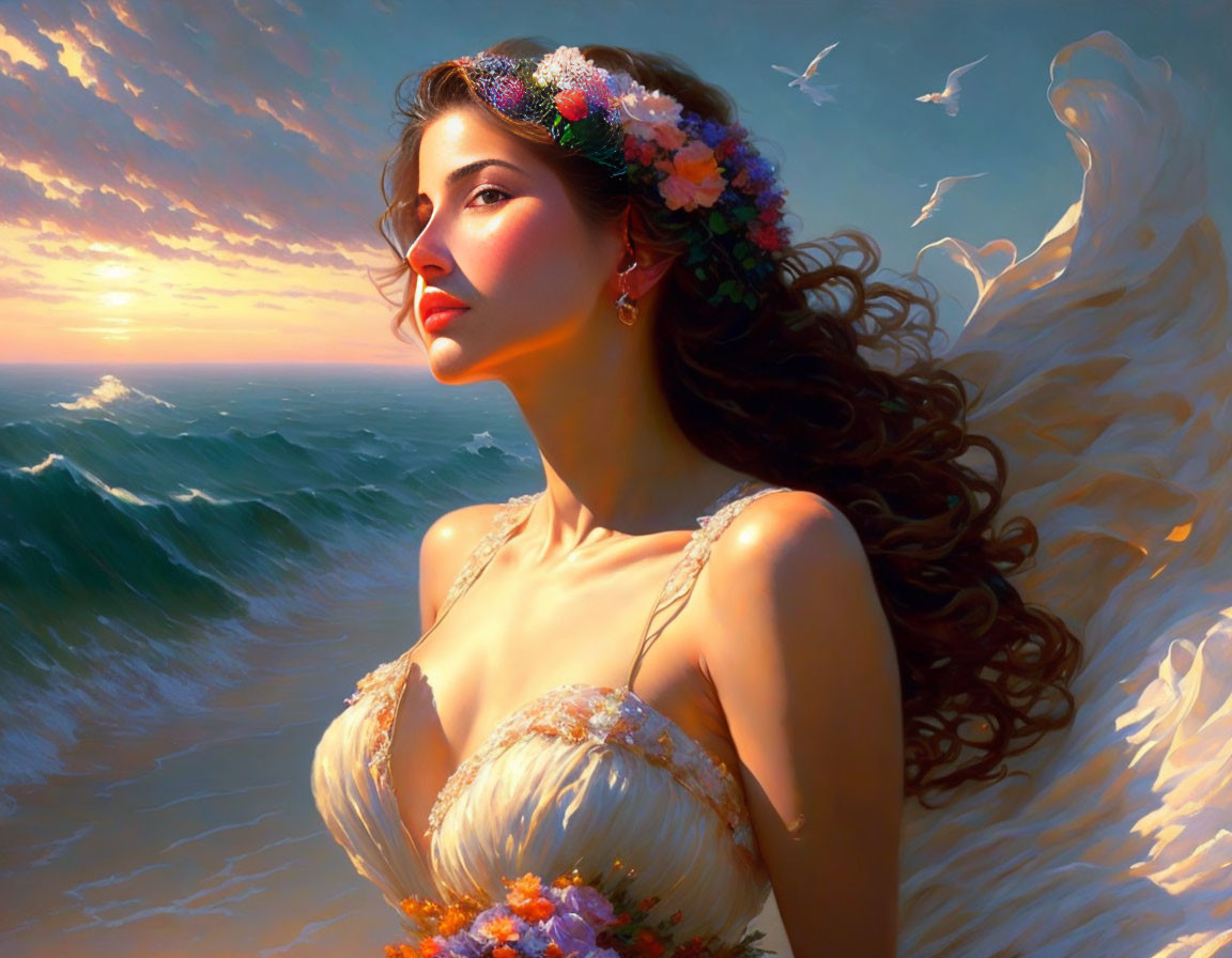 Woman with floral crown and angel wings by the sea and birds