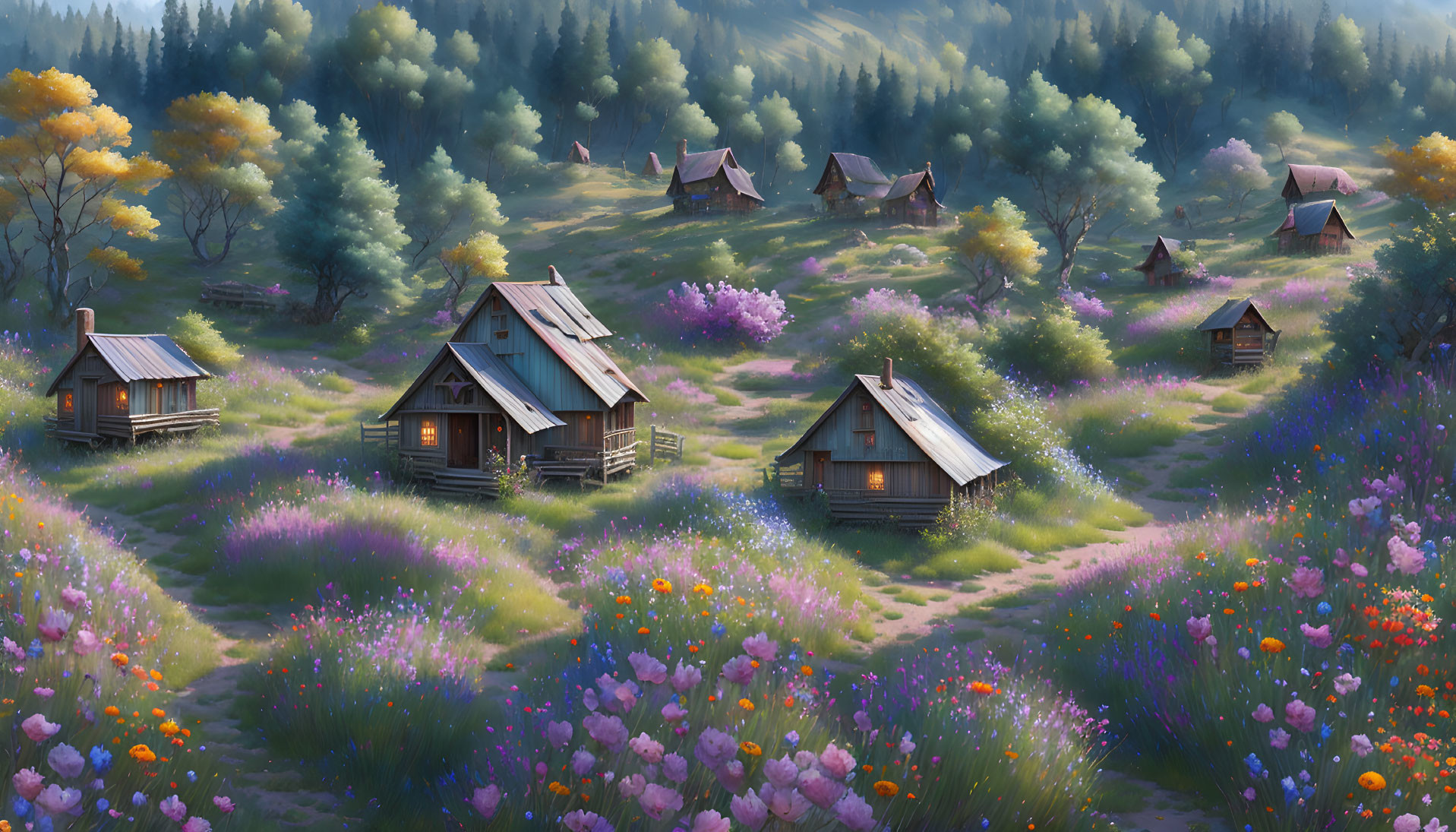 Cozy cabins surrounded by wildflowers in serene woodland setting