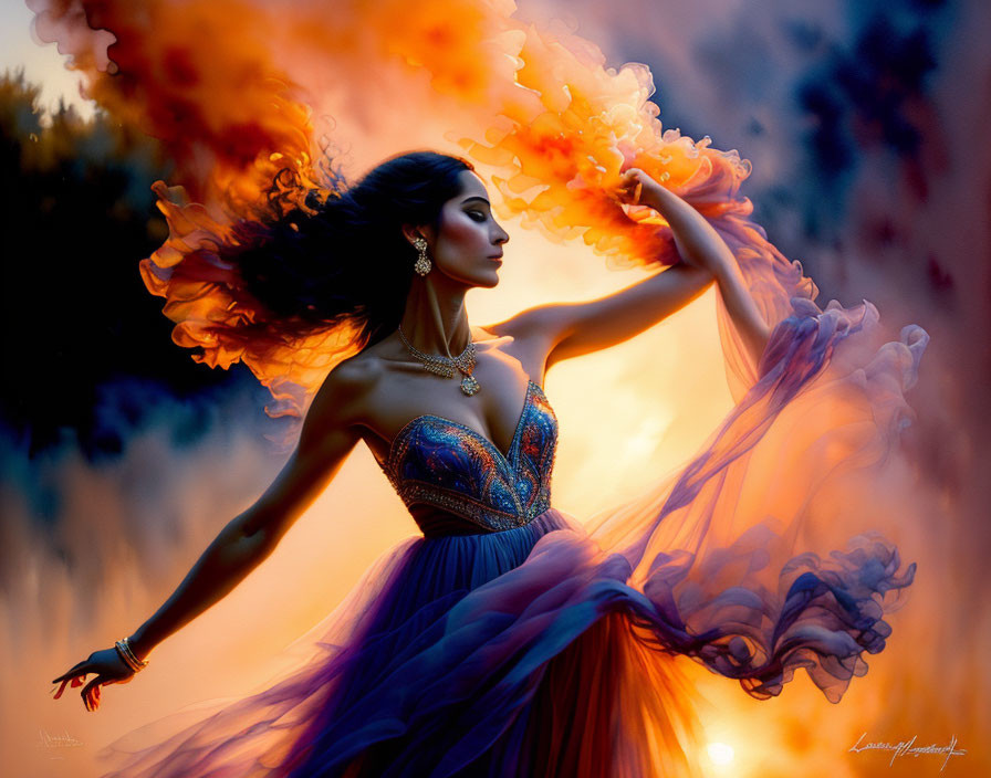 Colorful Woman in Ornate Dress Against Twilight Backdrop