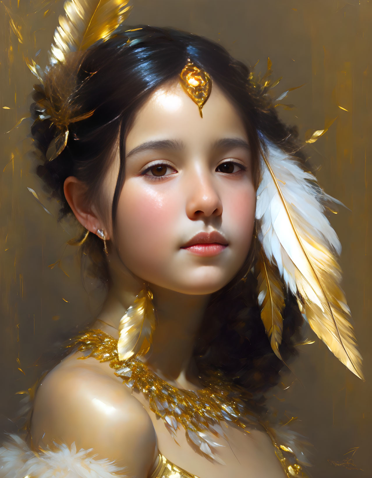 Serene girl portrait with golden jewelry and white feathers on warm background