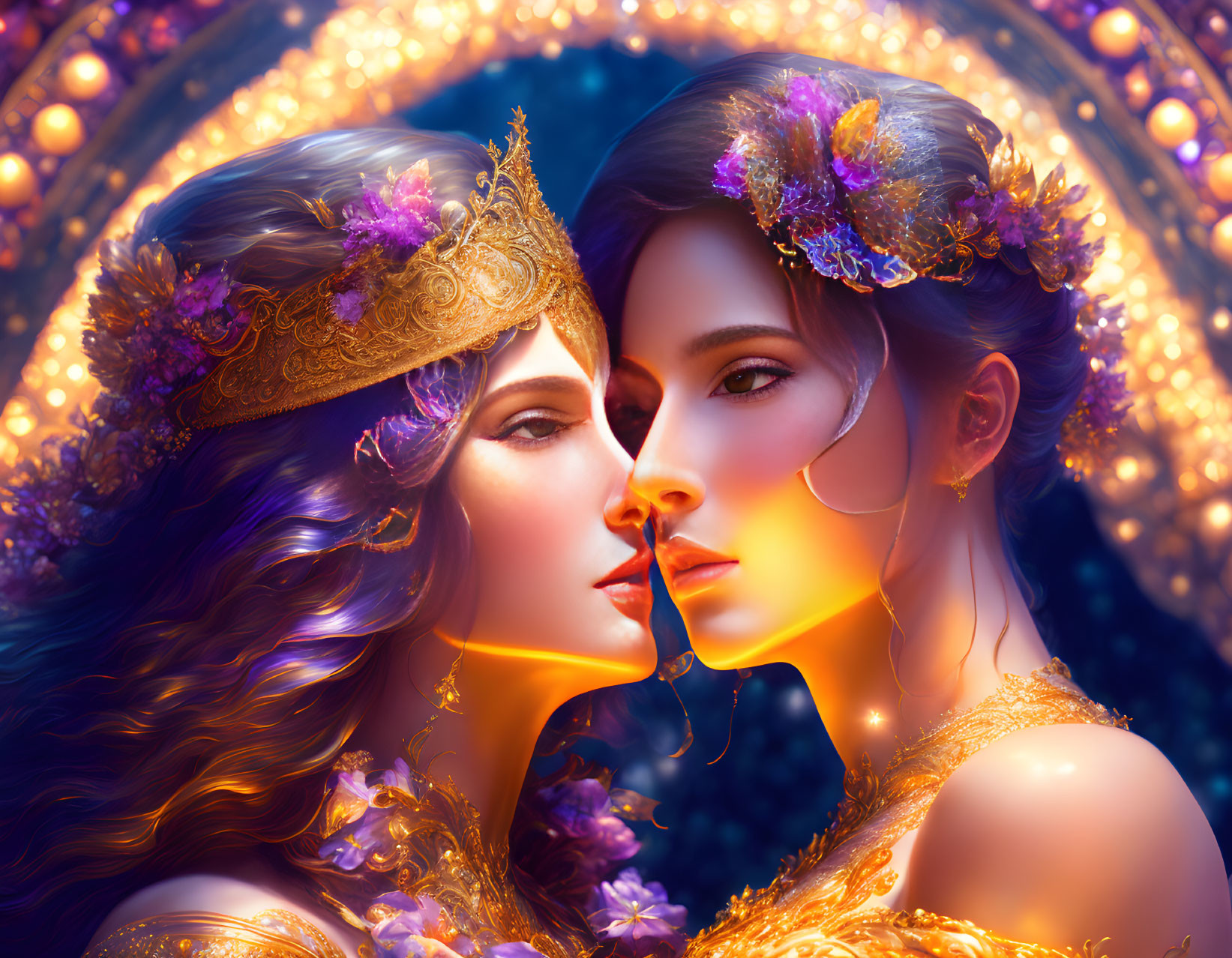 Two women in golden headpieces and purple flowers against cosmic backdrop