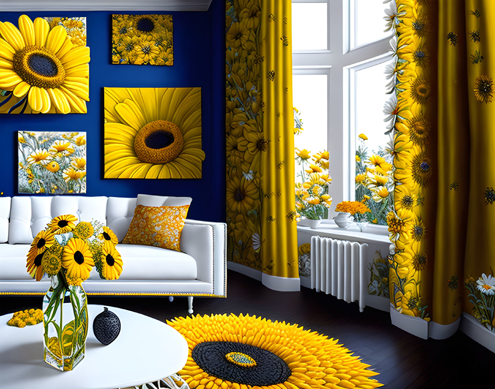Bright White Sofa Room with Sunflower Decor