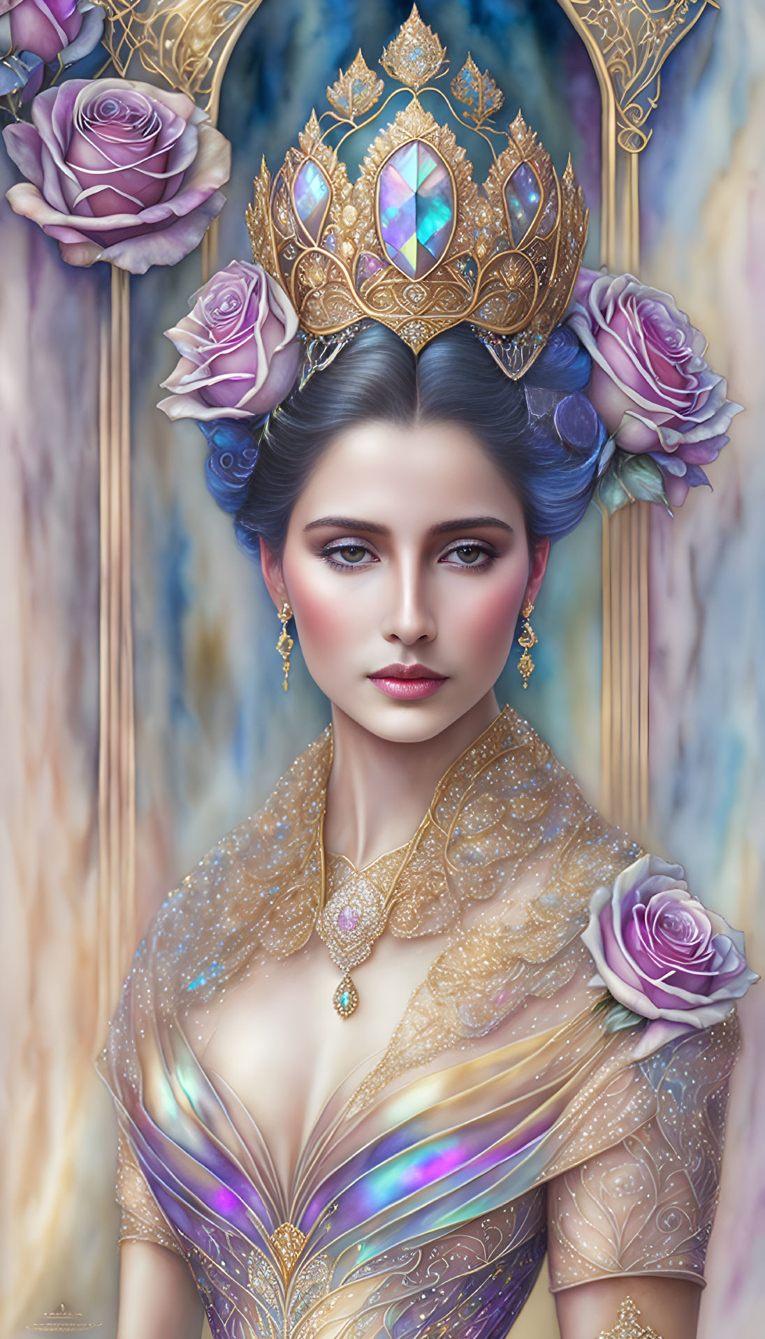 Regal woman illustration with gem-encrusted crown and gold gown