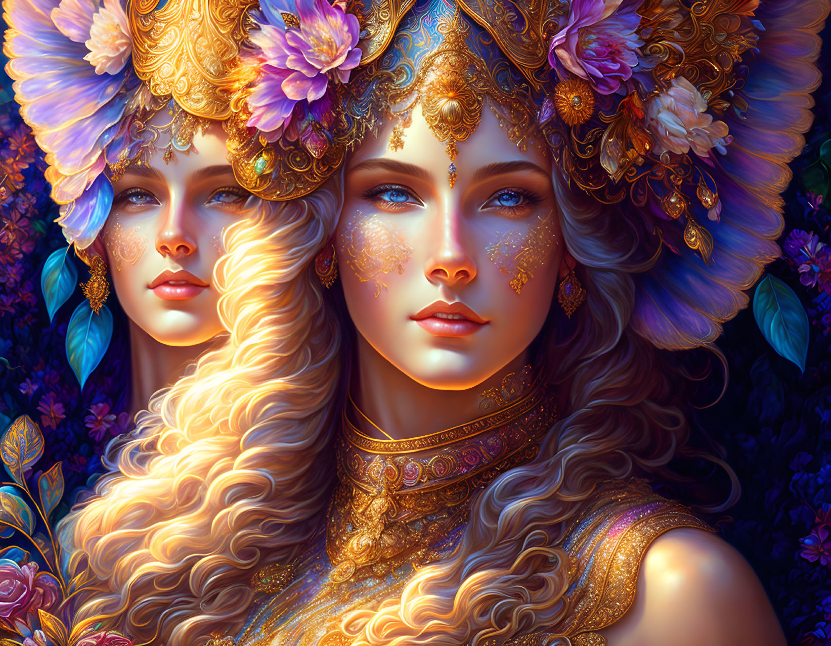 Ethereal women with golden headdresses in lush flora