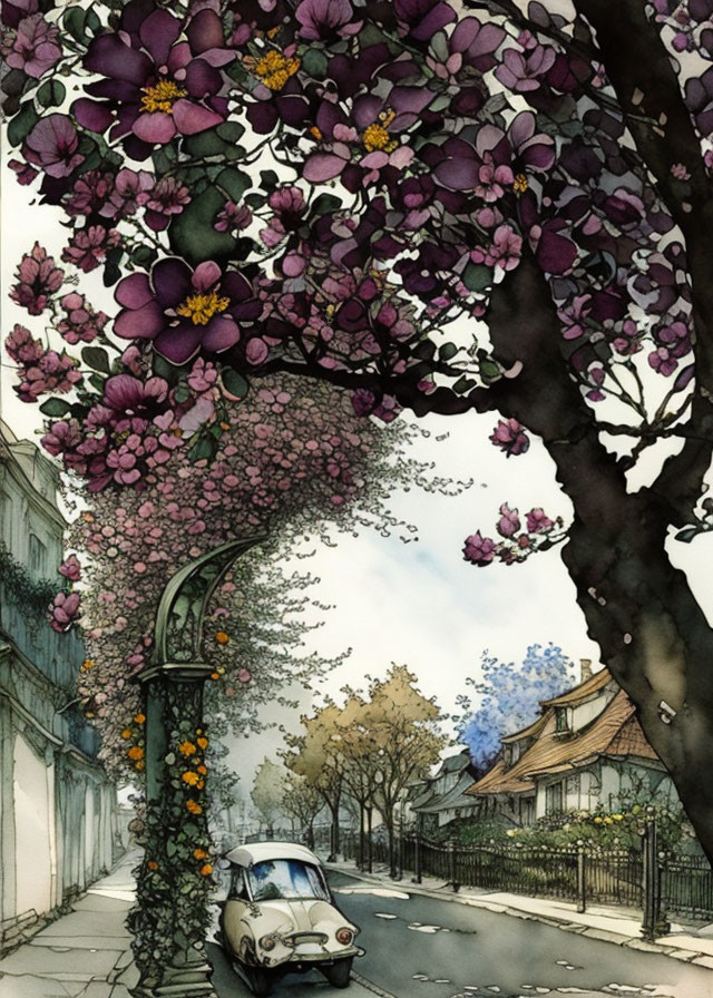 Flowering tree, classic car, lamppost, quaint houses in serene street scene