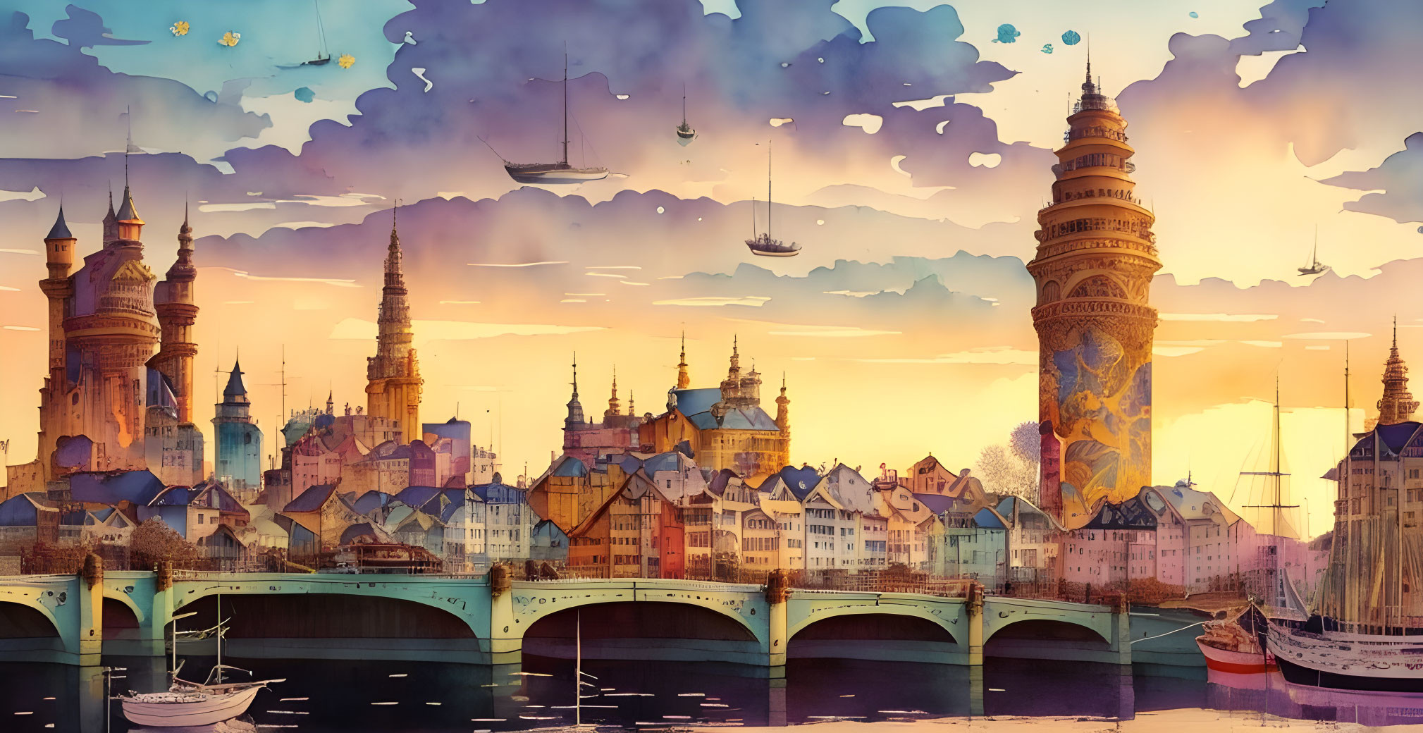 Colorful fantasy cityscape with castle, towers, bridge, and sailing ships at sunset