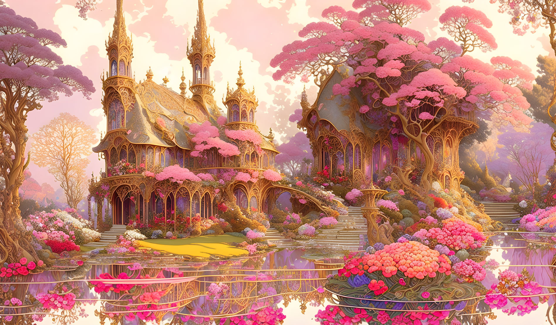 Golden mansion surrounded by pink trees near reflective water under enchanting sunset.