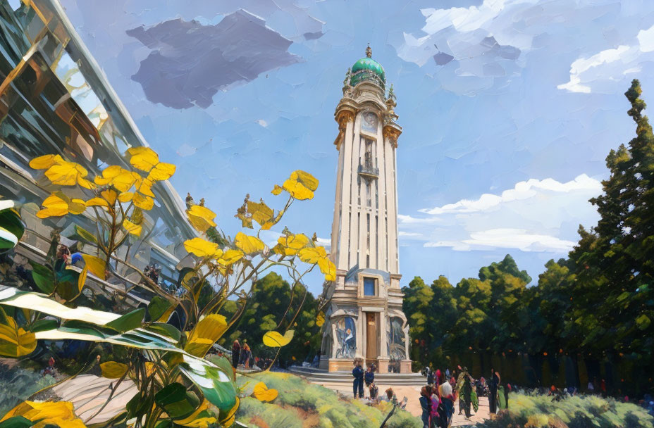 Neoclassical tower with pedestrians and yellow flowers in serene setting