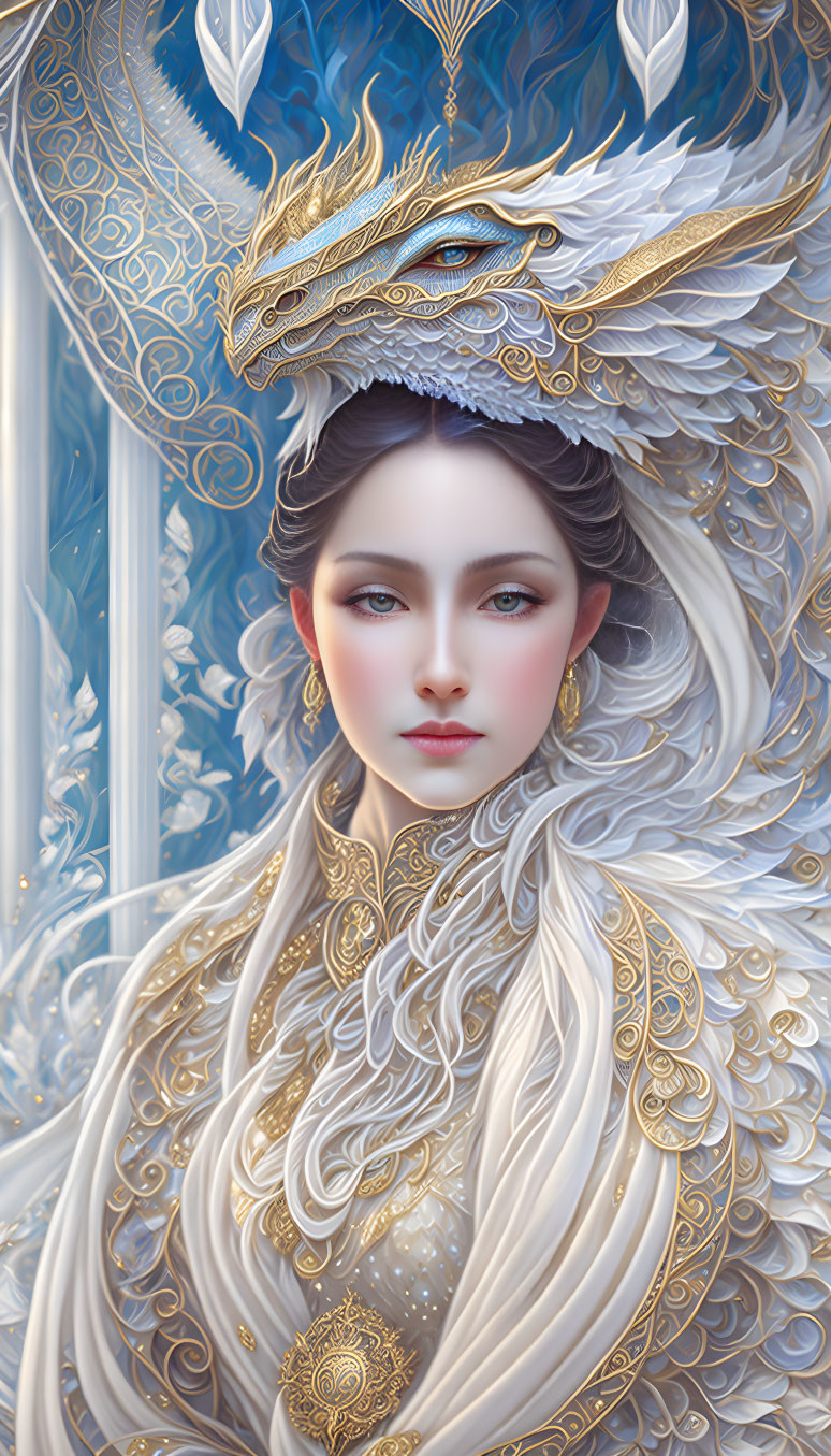 Regal woman with dragon headpiece in white and gold attire