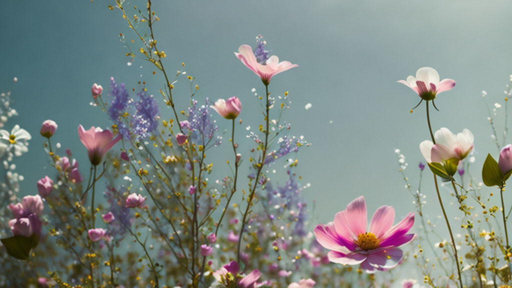 Wildflowers in Pink and White Under Blue Sky