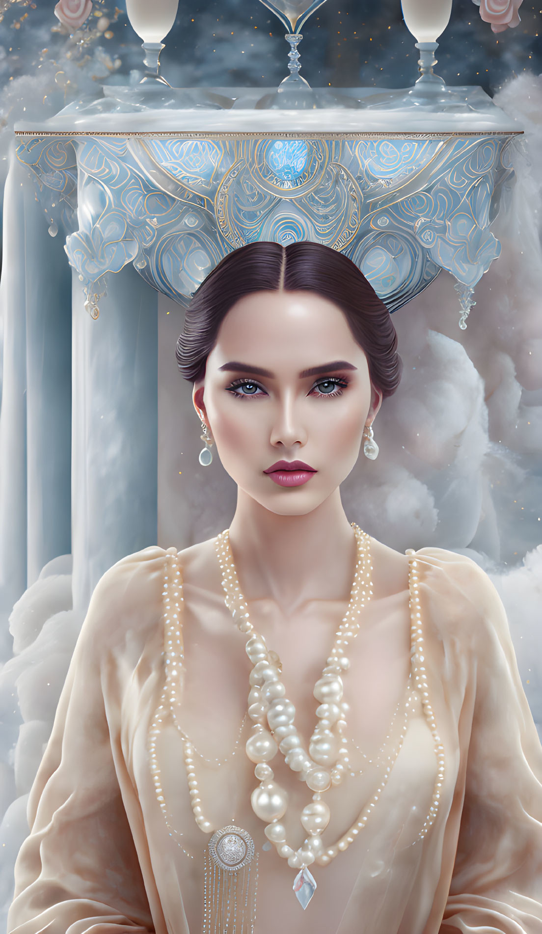 Digital artwork of elegant woman with pearl jewelry against ornate backdrop