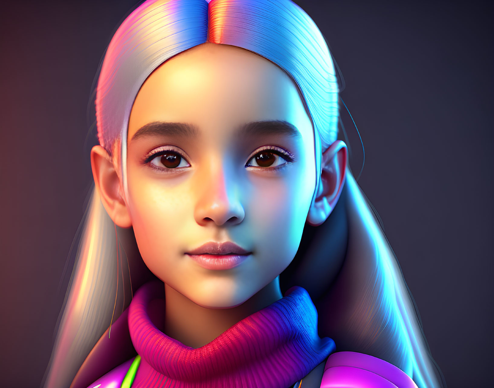 Young girl digital artwork: radiant skin, multi-colored hair, brown eyes, purple turtleneck,