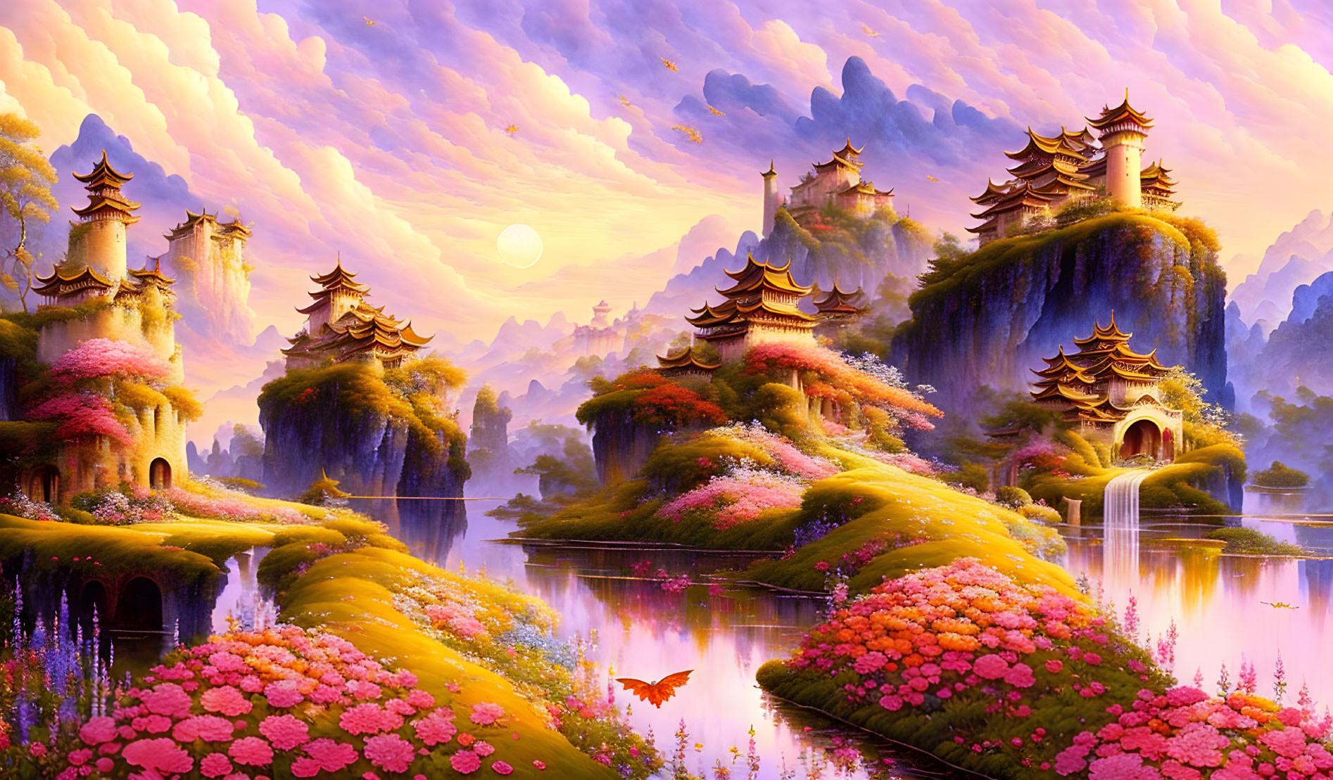 Colorful fantasy landscape with pink trees, pagodas, hills, waterfalls, river, and