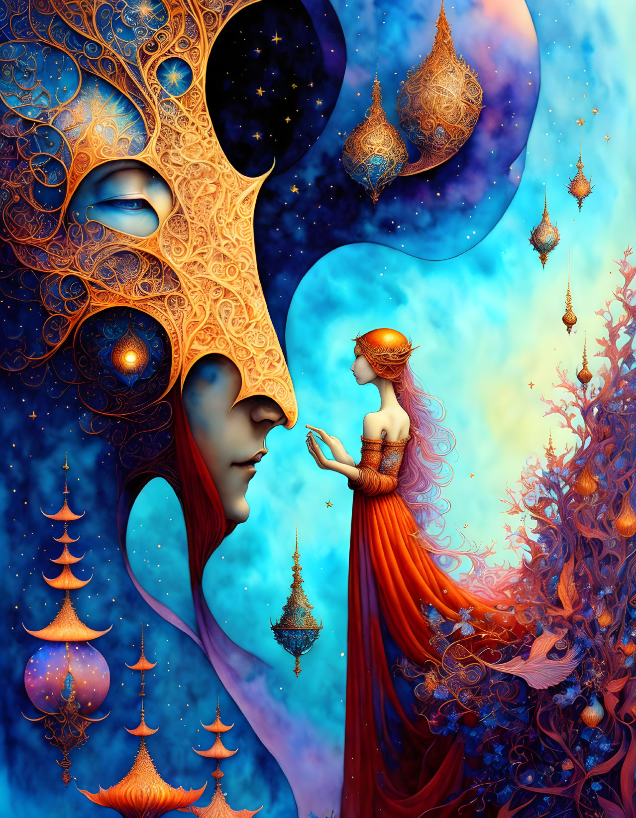 Fantasy image: Celestial face, woman in orange gown, floating lanterns in cosmic setting