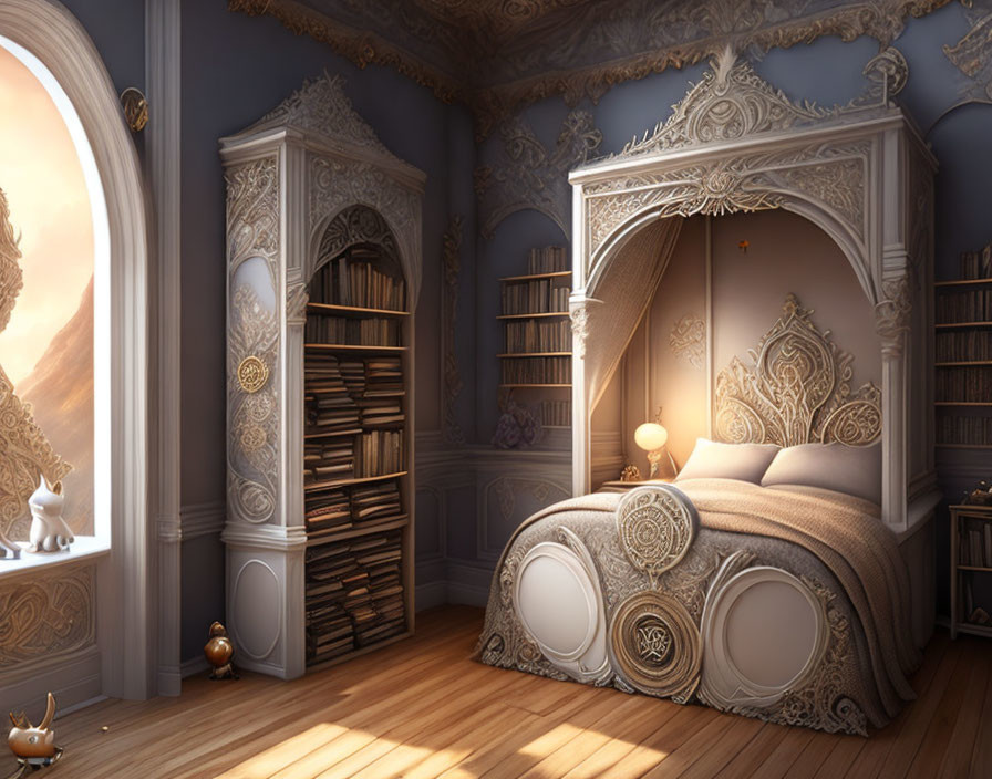 Luxurious bedroom with canopy bed, bookshelf, and round window at sunrise/sunset