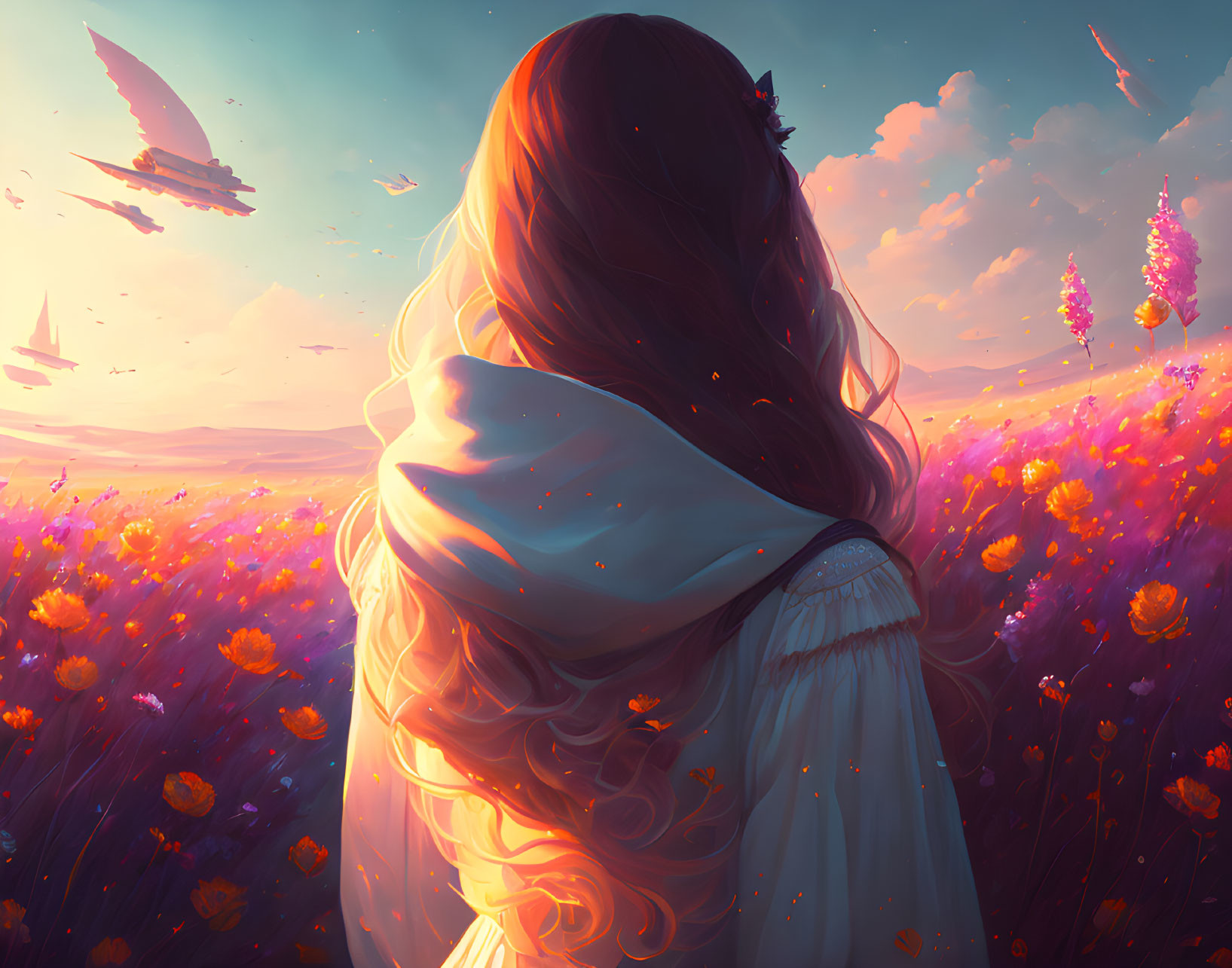 Woman standing in flower field at sunset with birds and magical aura