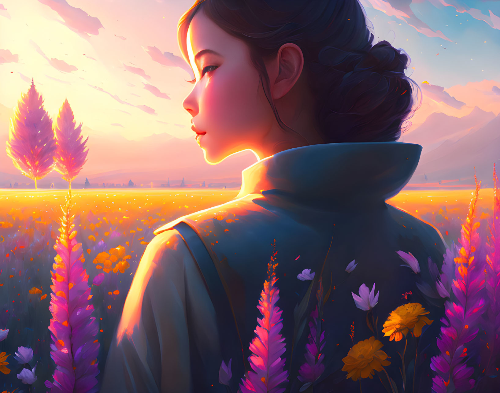 Woman in blue garment amidst vibrant flower field under warm sunset sky