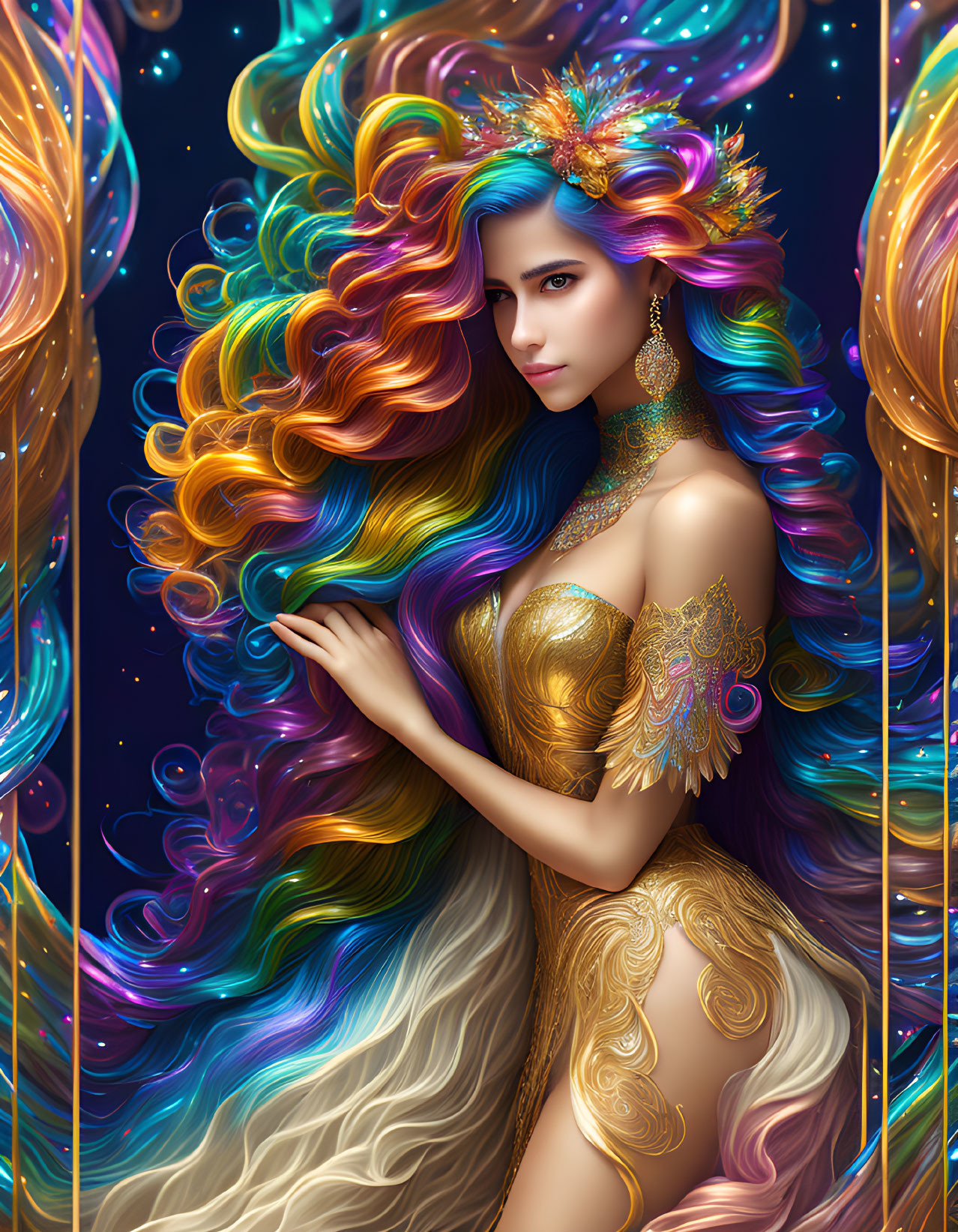 Vibrant woman with multicolored hair in golden dress against cosmic backdrop