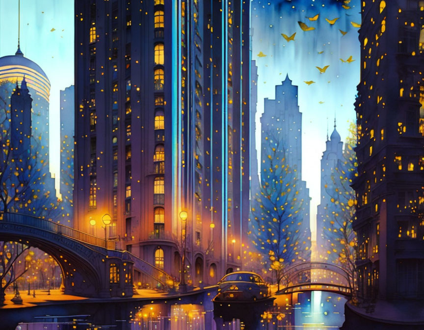 Vibrant cityscape digital artwork with glowing buildings, bridge, and butterflies