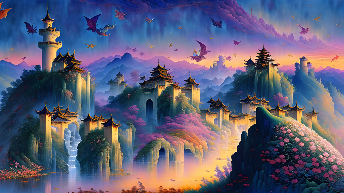 Fantasy landscape with pagodas, cherry blossoms, waterfalls, mountains, and mythical birds