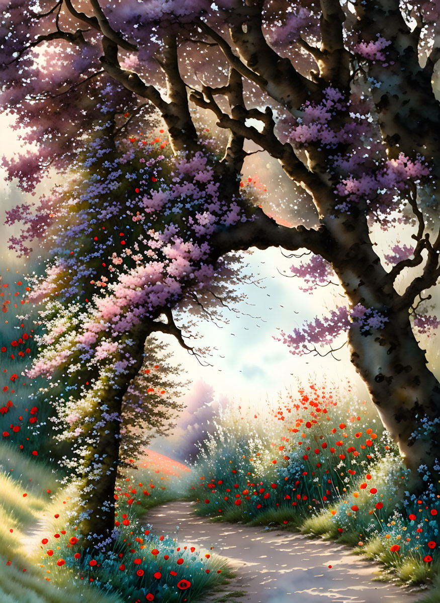 Tranquil Cherry Blossom Path with Rainbow and Wildflowers