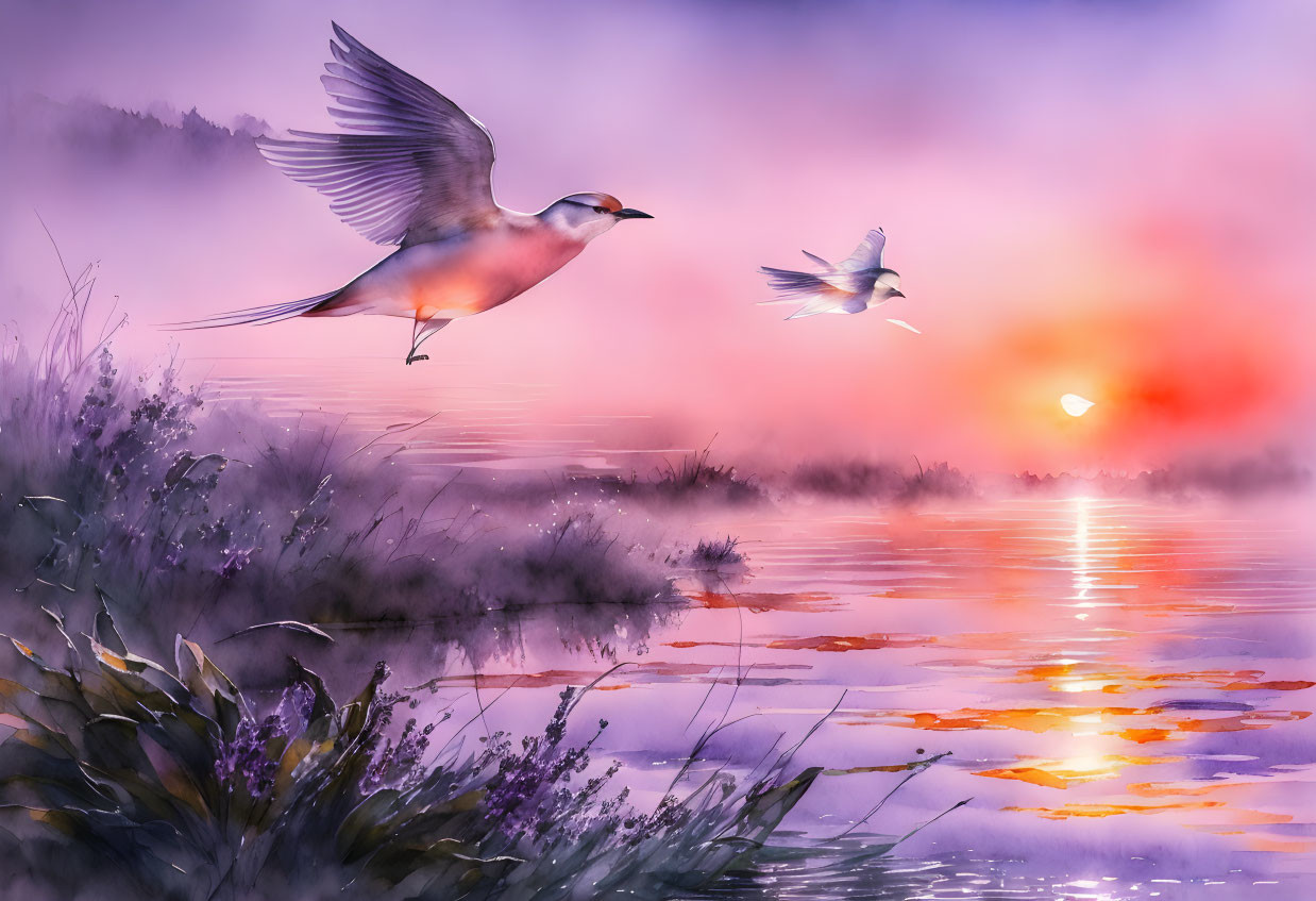 Birds flying at sunrise over misty lake with pastel skies