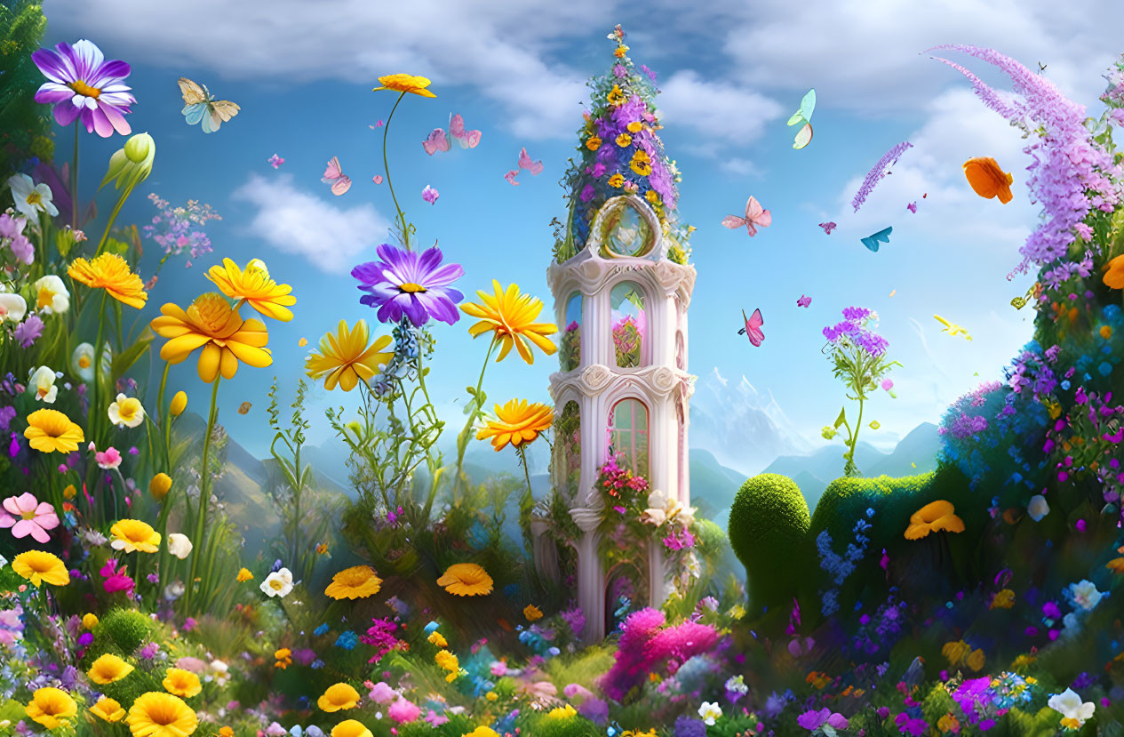 Whimsical garden scene with pink clock tower, vibrant flowers, butterflies, greenery, clear skies