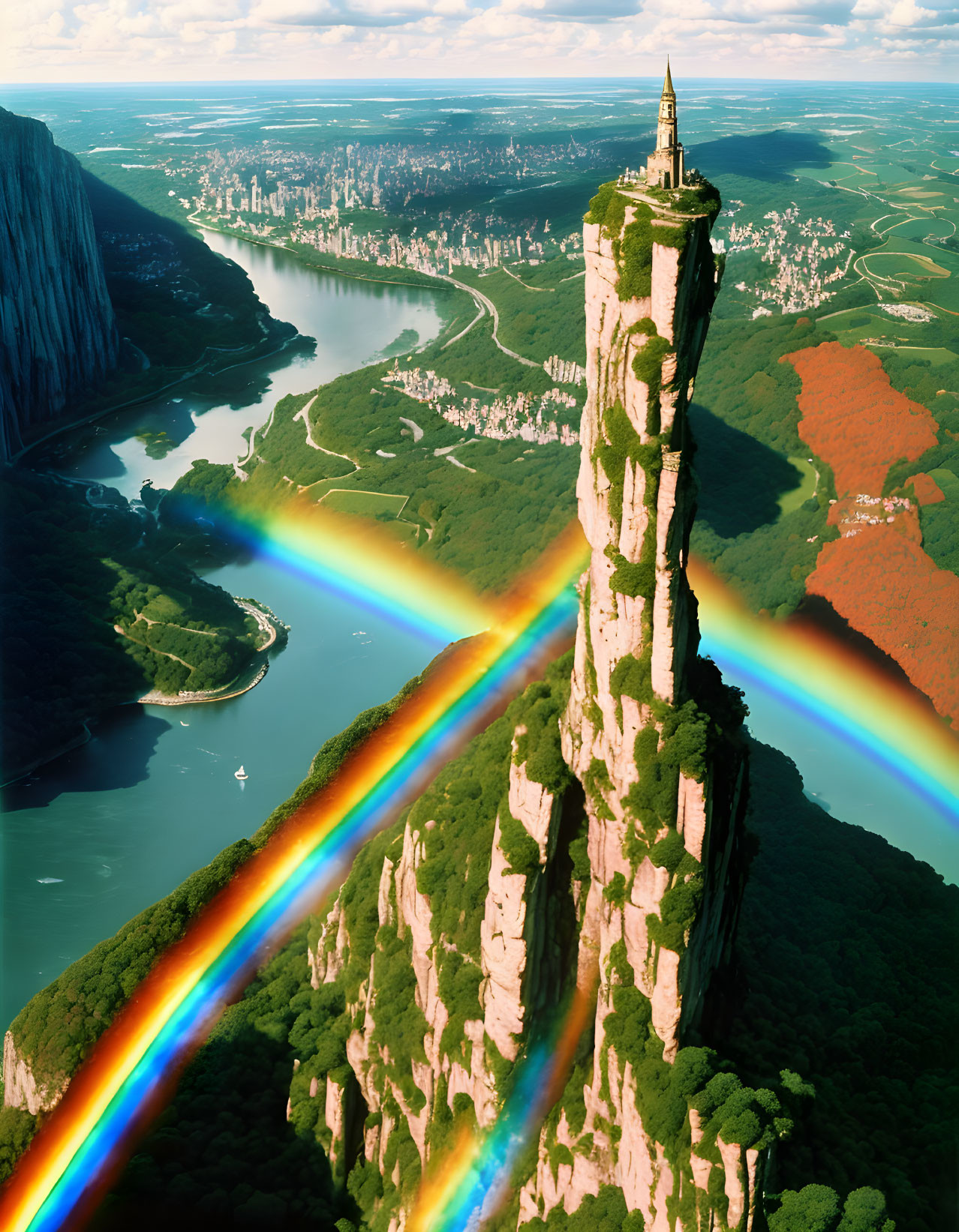 Majestic tower on narrow rock pillar with rainbow bridge over lush landscapes