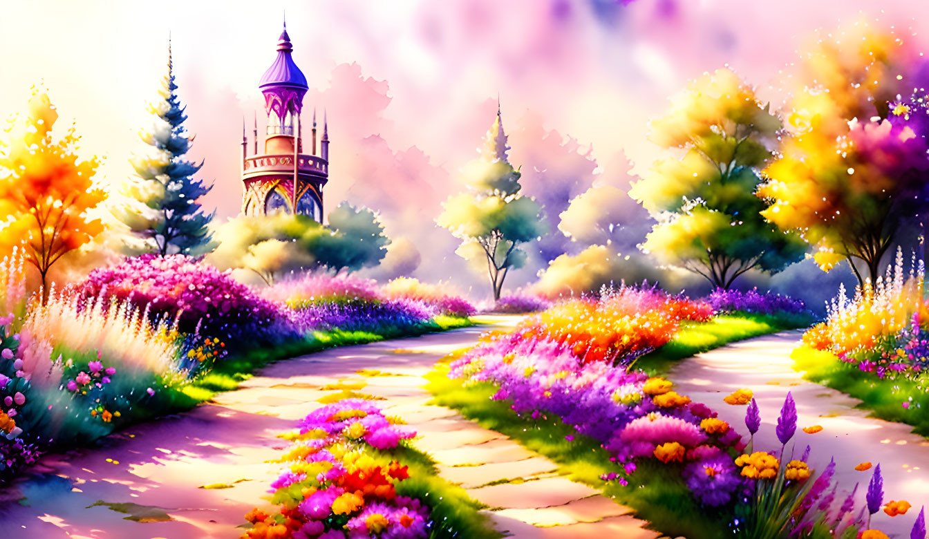 Colorful Fantasy Landscape with Cobblestone Path & Tower