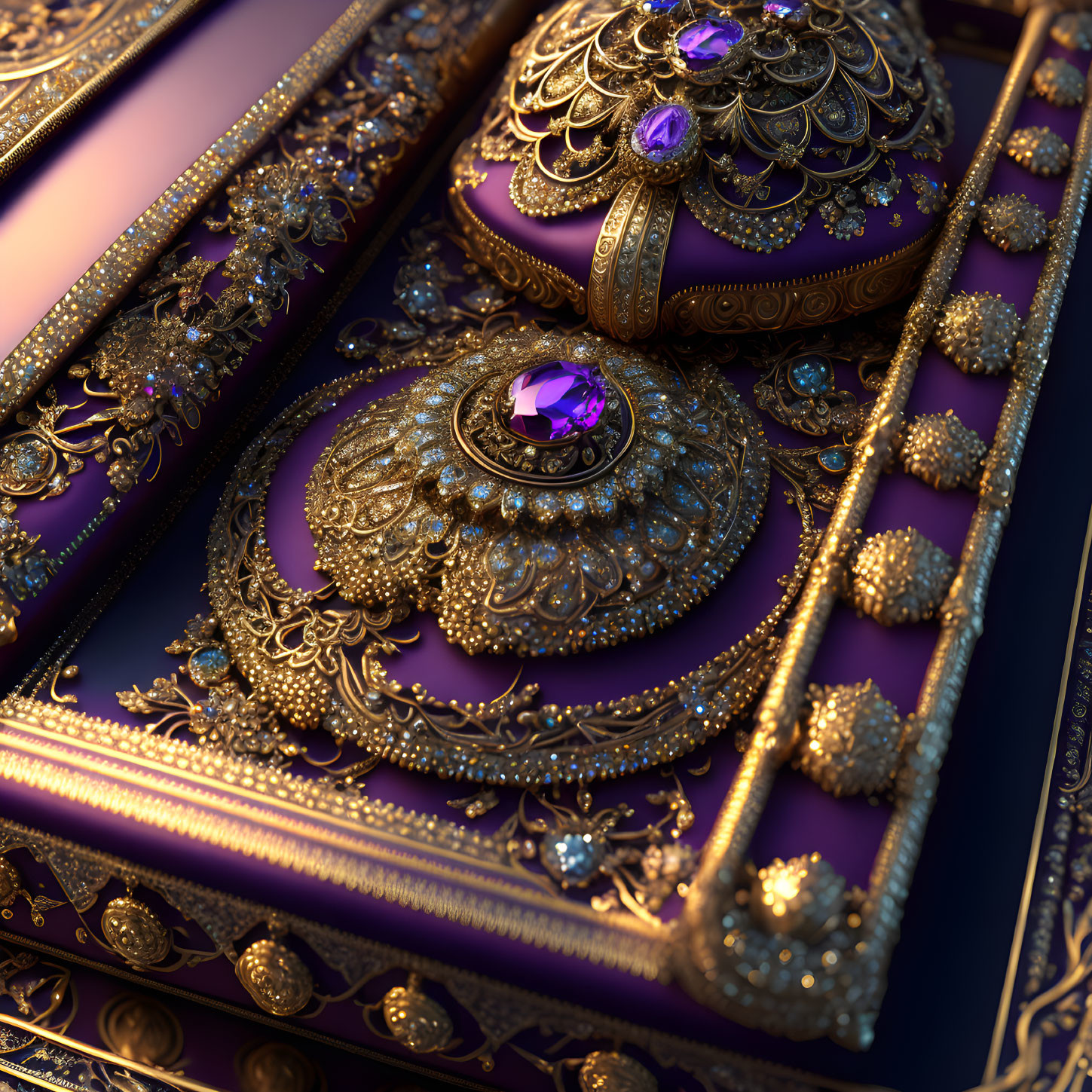 Intricate Gold Jewelry with Purple Gemstones on Luxurious Velvet Box