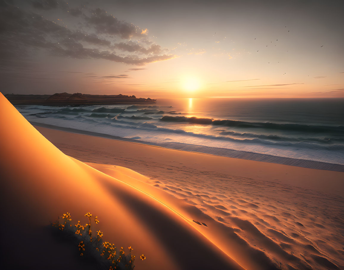 Ocean sunset with waves, sand dune, footprints, flowers, and birds