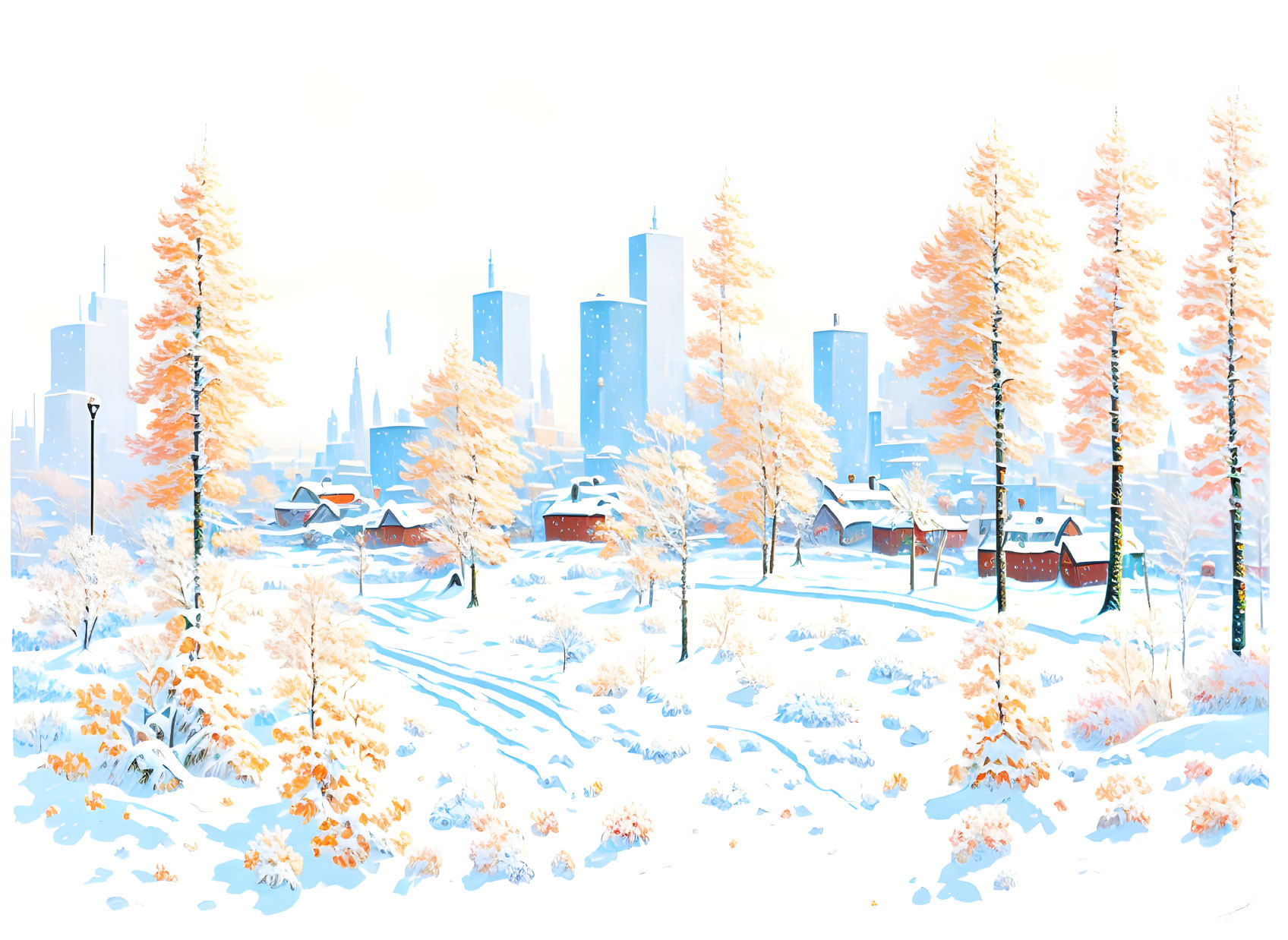 Snow-covered park with orange and white trees in front of city skyline in winter scene