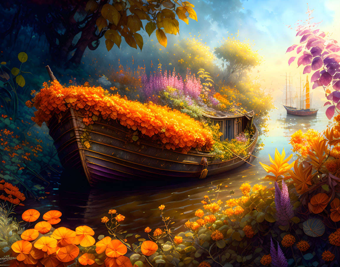 Colorful Flora Overgrown Wooden Boat in Tranquil Waters