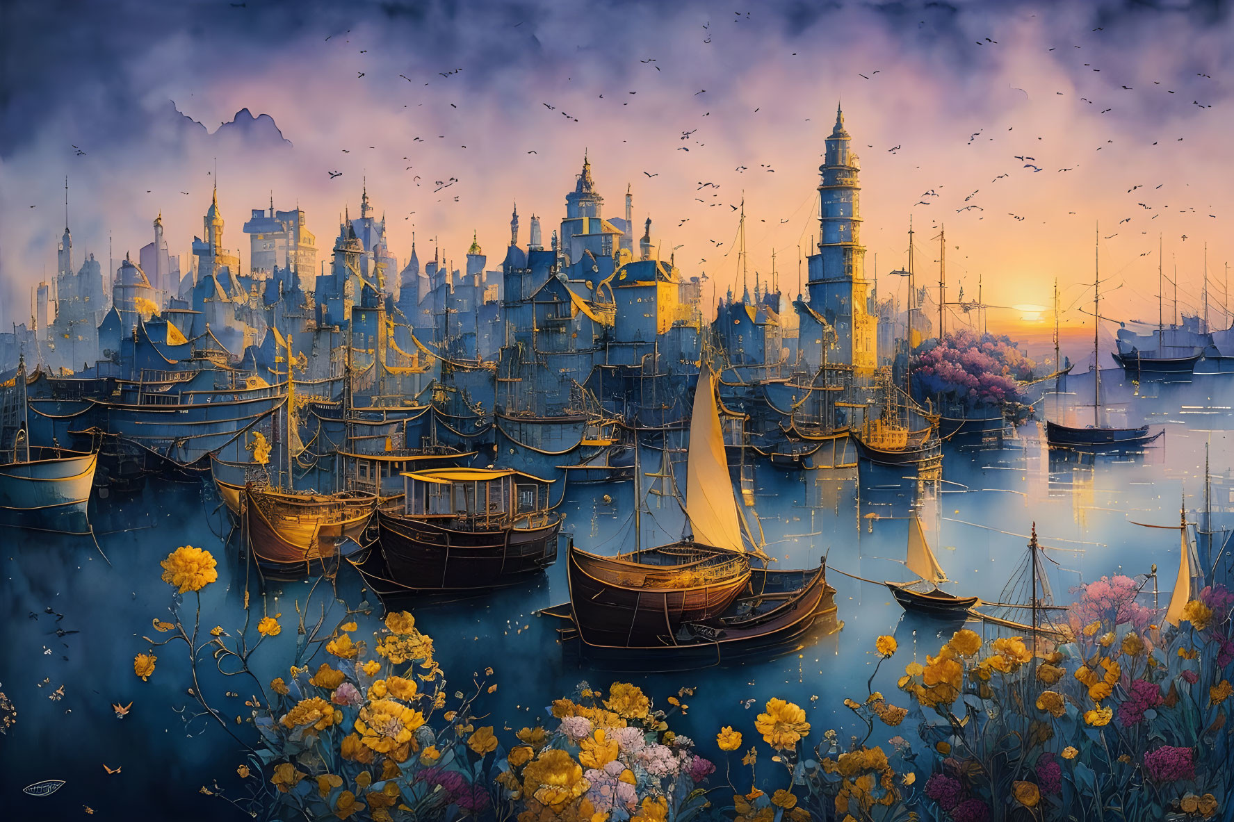 Harbor scene at dusk with sailing ships, flowers, and cityscape