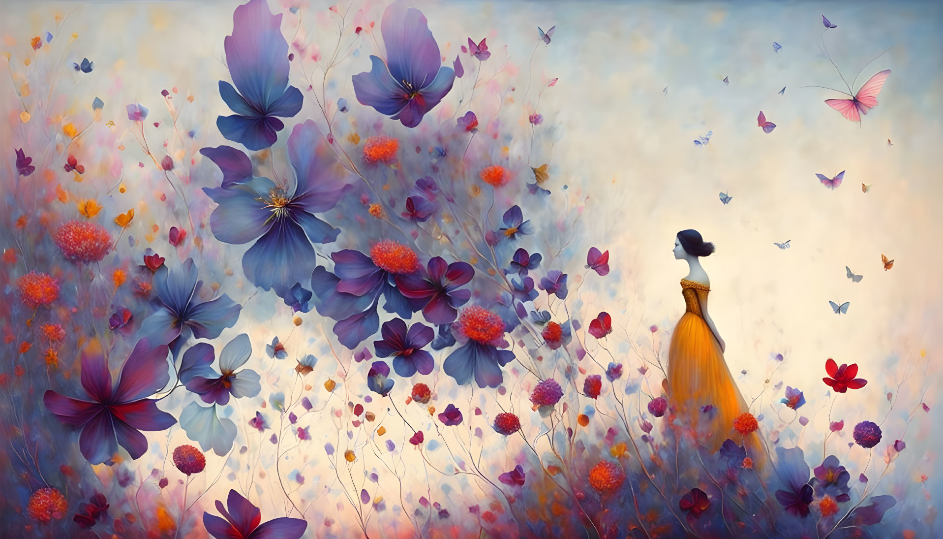 Woman in Yellow Dress Surrounded by Oversized Flowers and Butterflies