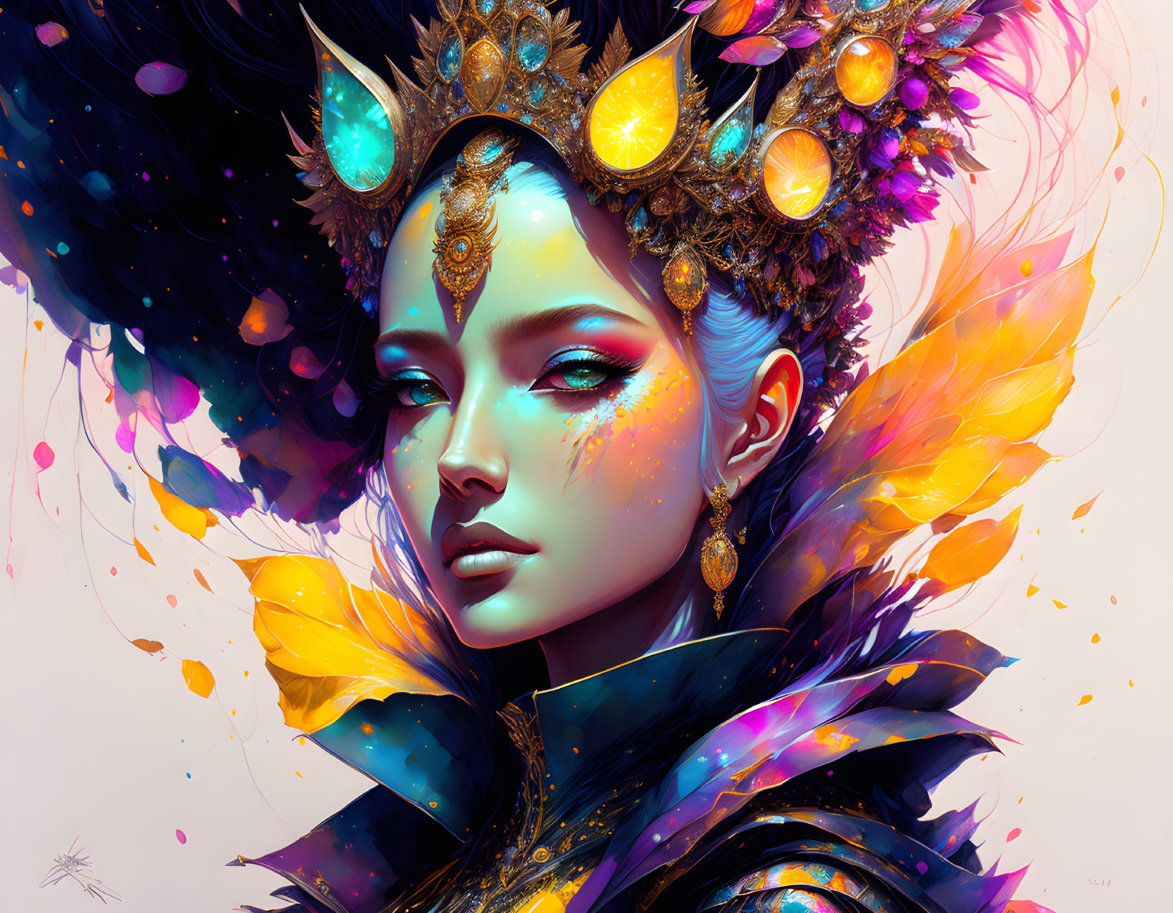 Colorful woman illustration with ornate crown and cosmic vibes