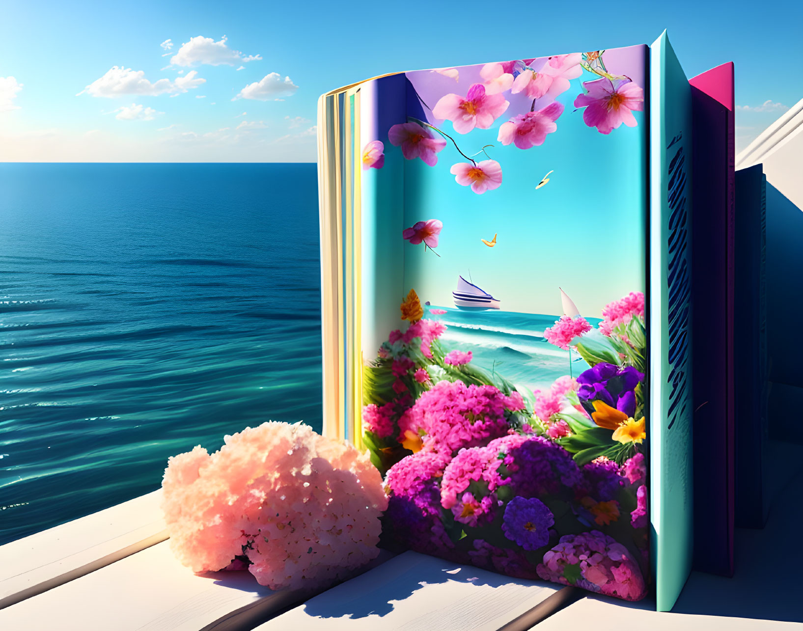 Open book with vibrant 3D seascape scene on table by ocean