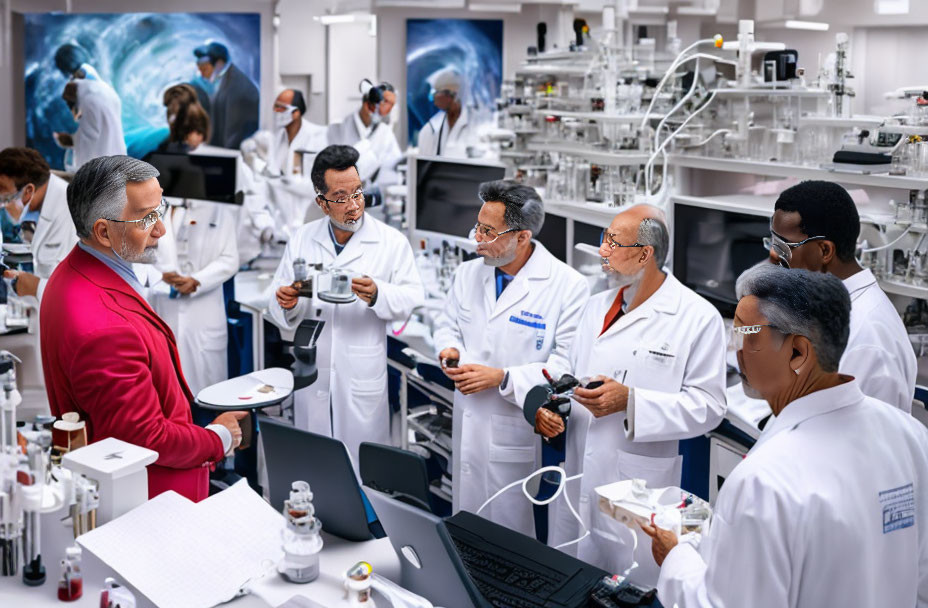 Professionals in lab coats discuss in modern laboratory