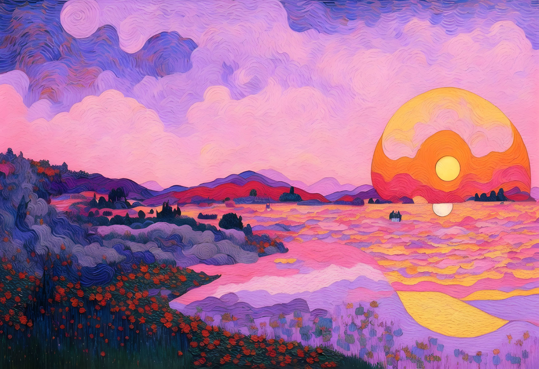 Vibrant landscape with swirling purple skies and yellow sun setting over hills and red flowers.