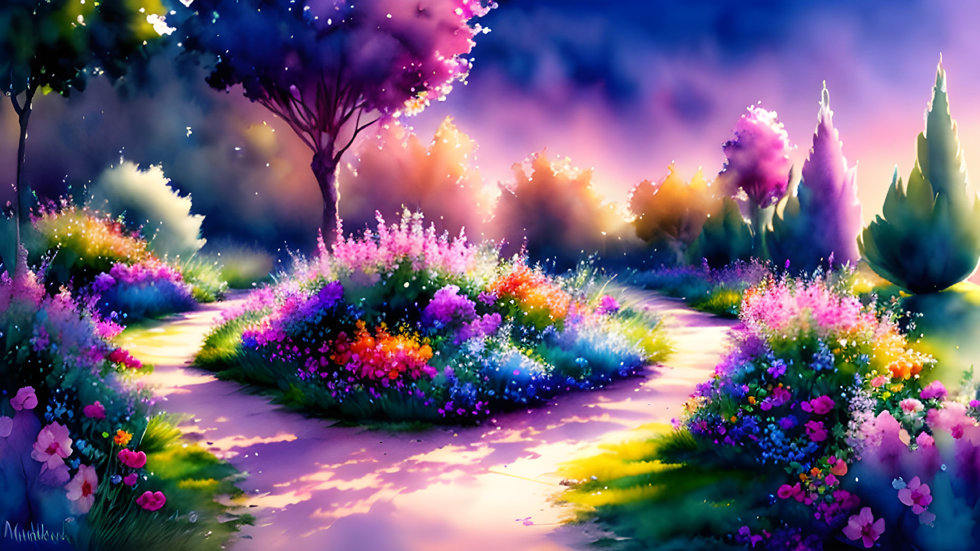 Colorful digital artwork: Whimsical garden path under twilight sky
