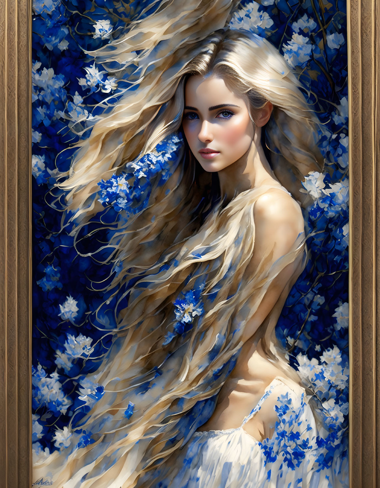 Blonde woman with blue flower-adorned hair in digital art