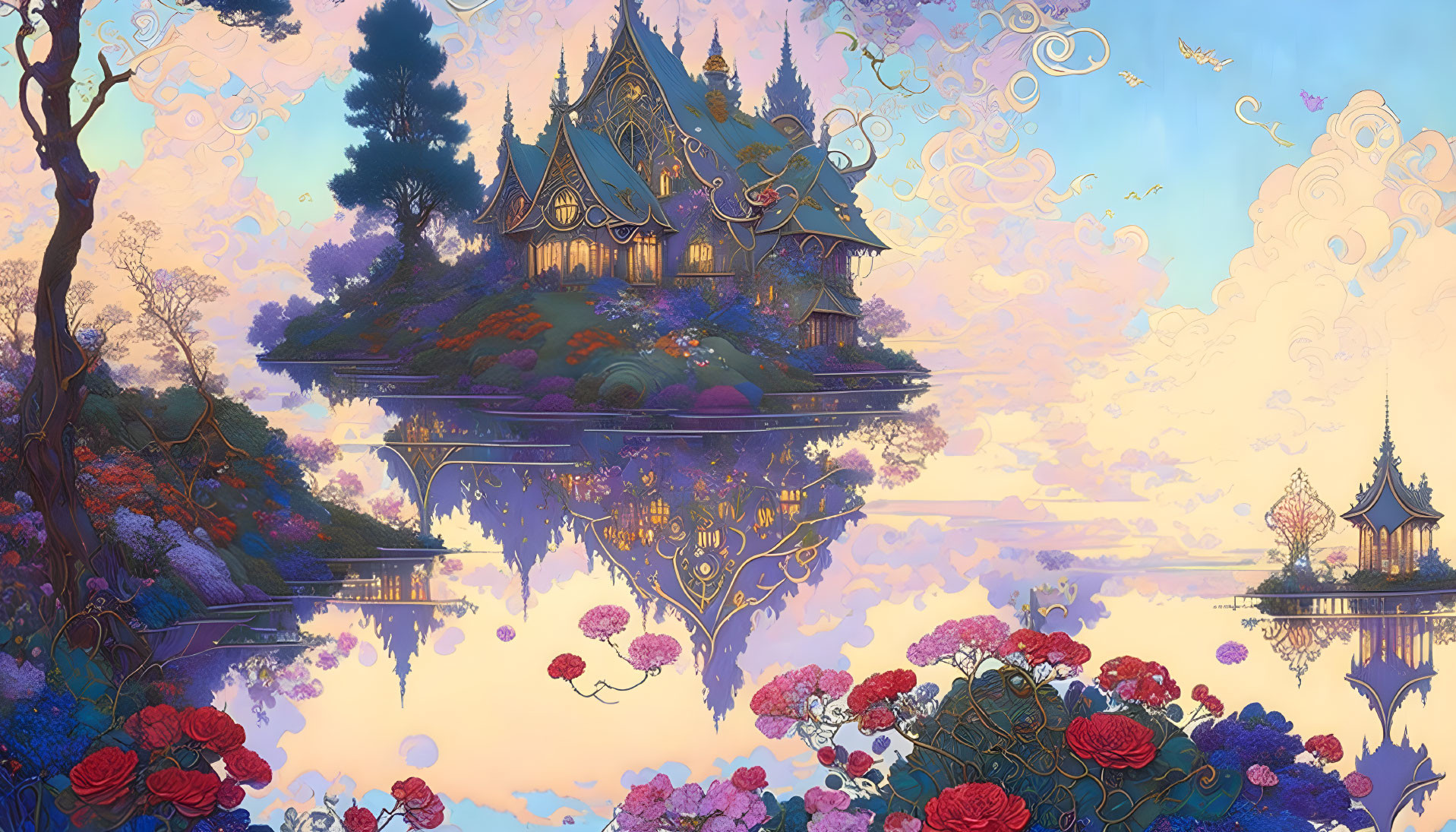 Fantasy castle in vibrant landscape with mirrored lake