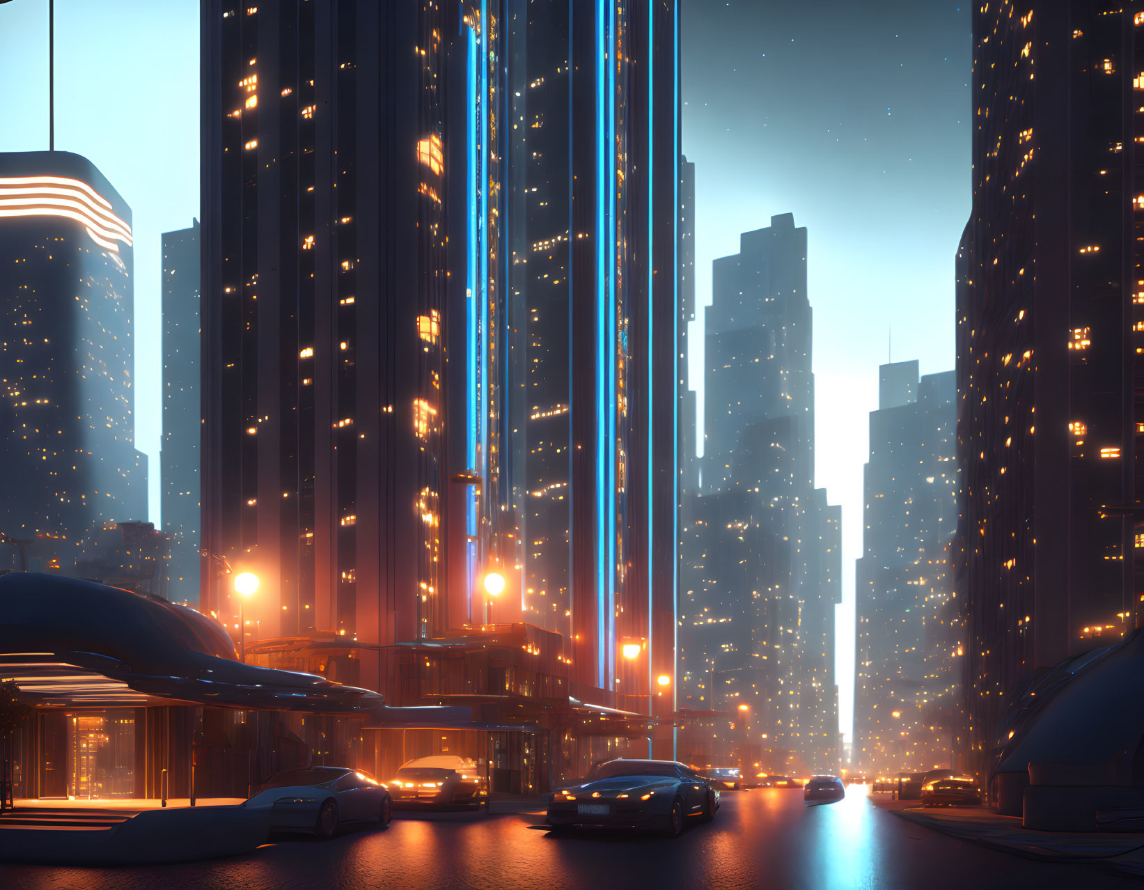 Futuristic cityscape at dusk with illuminated skyscrapers and neon lights