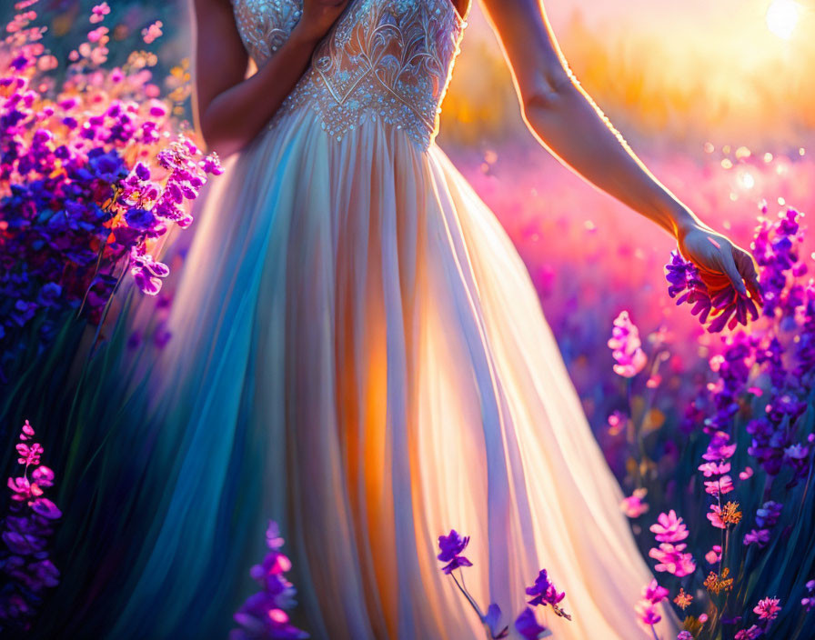 Woman in flowing dress among vibrant purple flowers at sunset