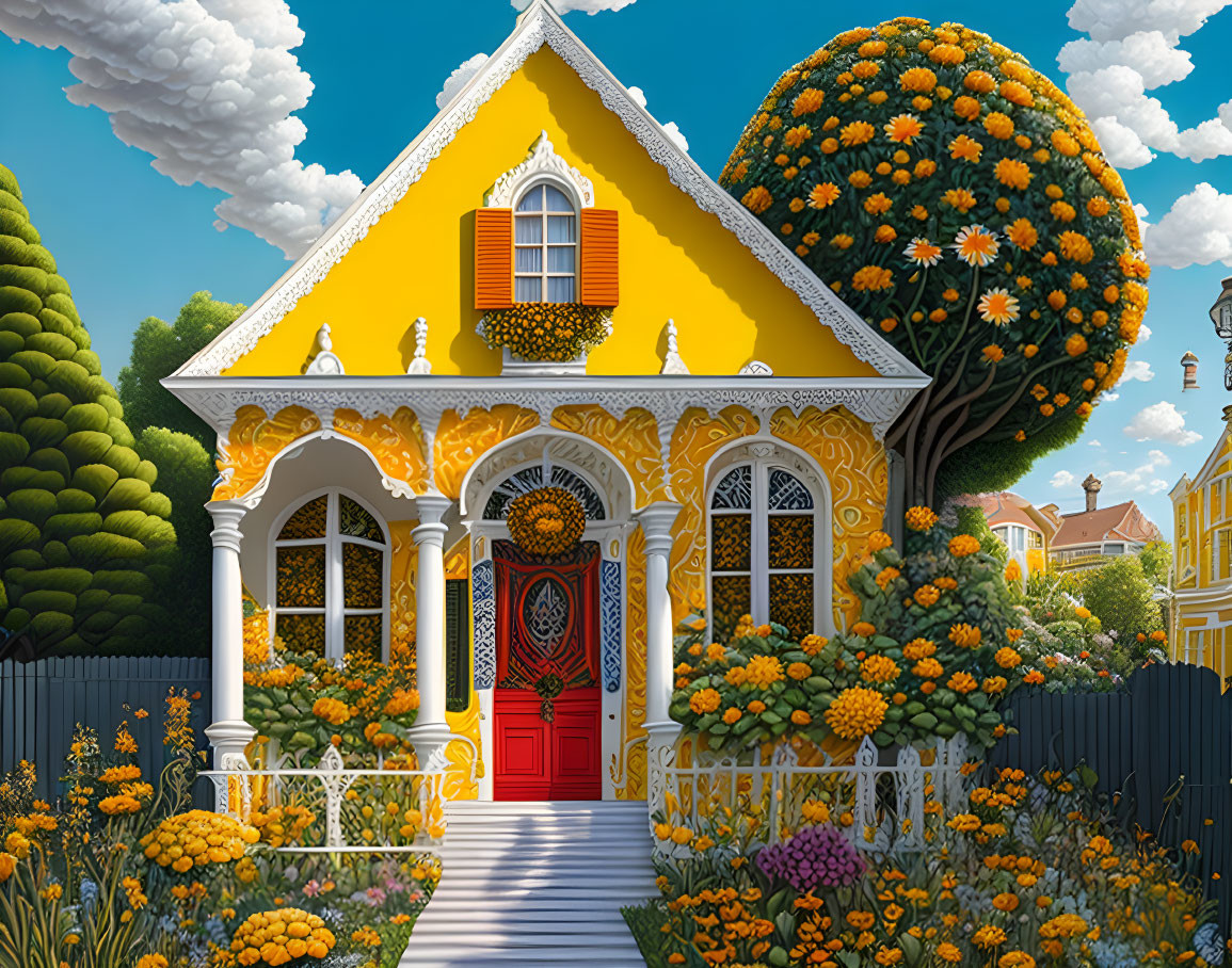 Vibrant yellow house with white trim, red door, gardens, trees under blue sky