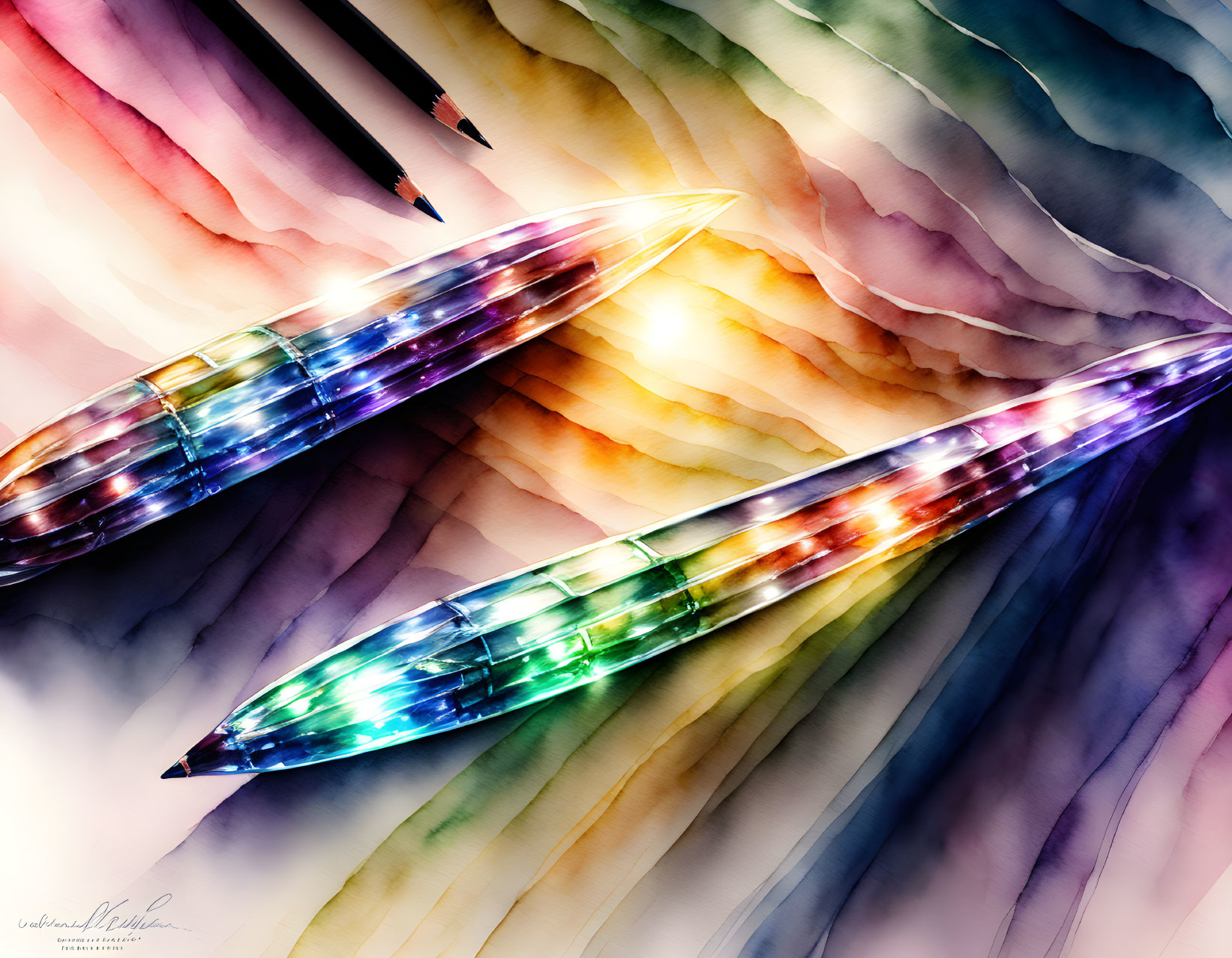 Vibrant Crystalline Pens on Textured Background in Watercolor Style