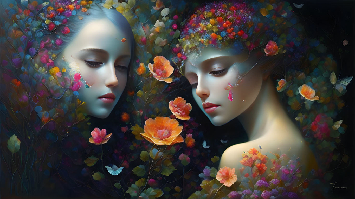 Surreal Artwork: Two Women with Floral Adornments in Ethereal Setting