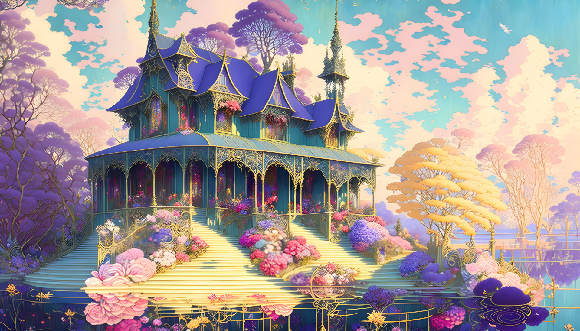 Colorful palace in mystical garden with vibrant flora under pastel sky