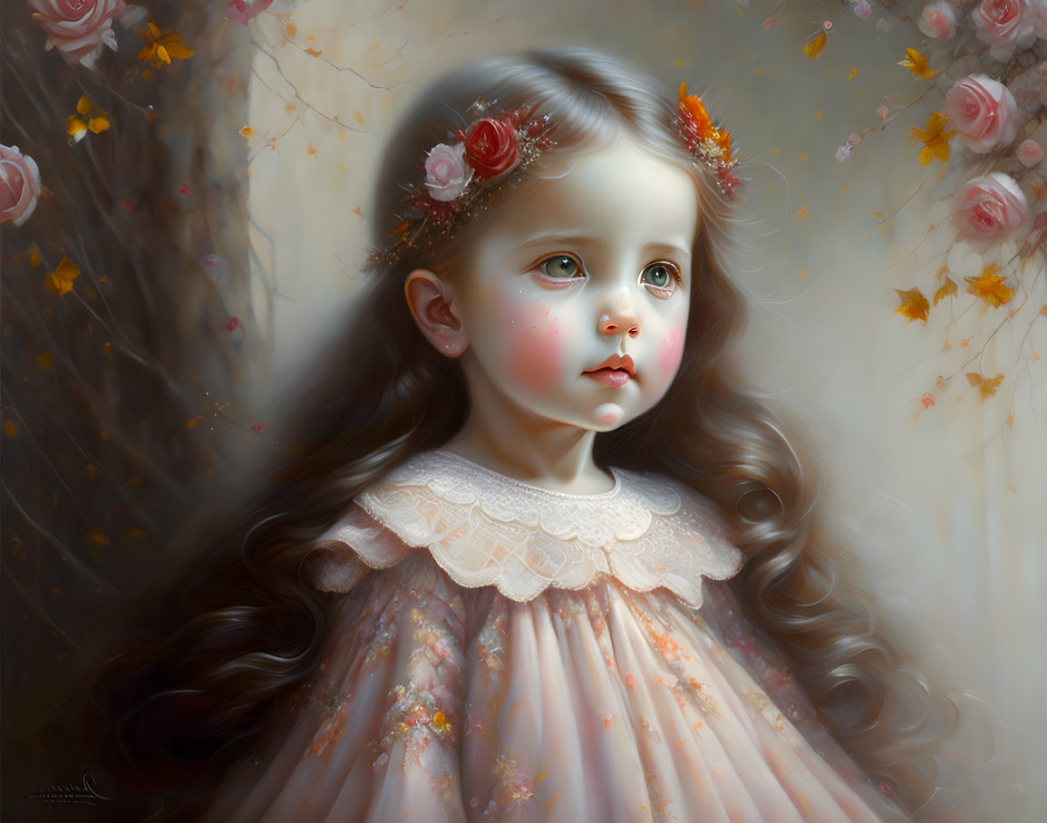 Realistic digital painting of young girl with serene expression and floral hair accessories in pink dress against dreamy