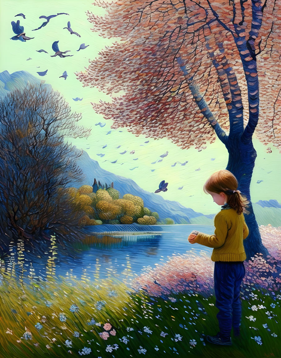 Child in yellow sweater by lake with birds, cherry blossom tree, and distant castle
